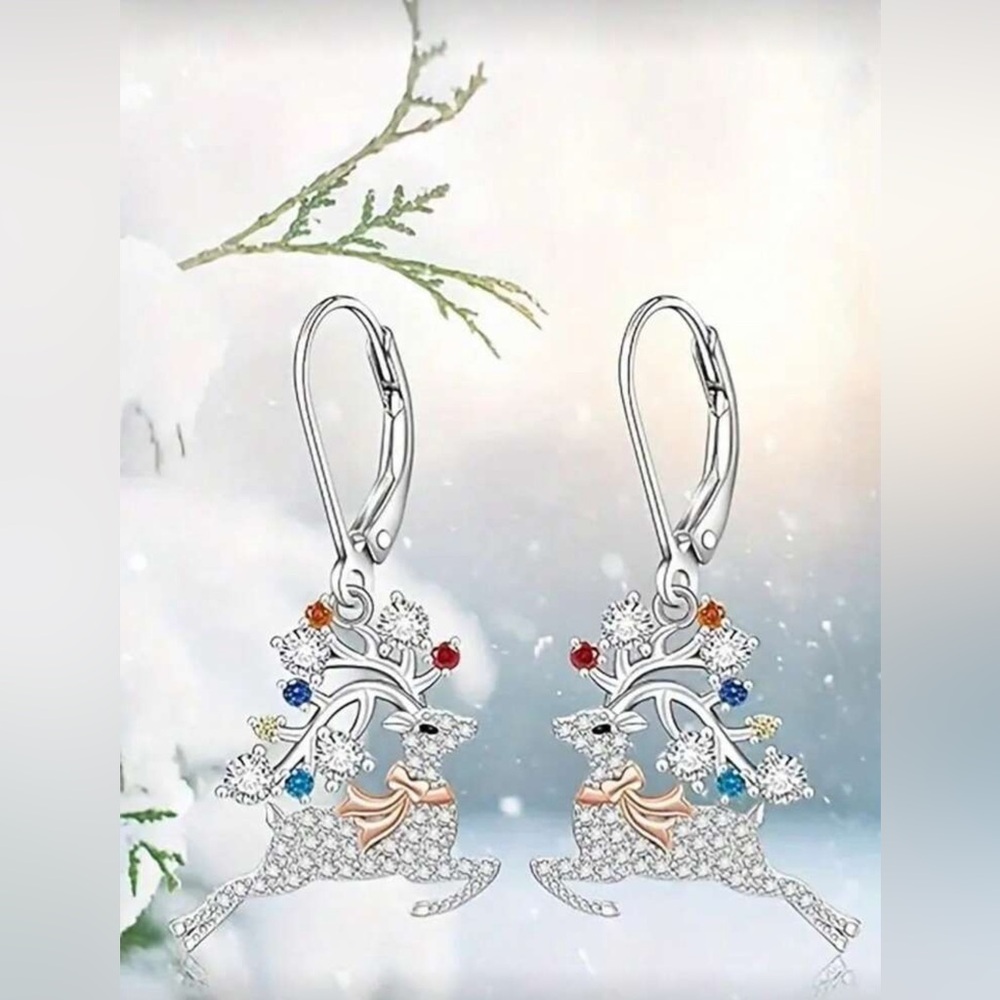 Elegant Silver Reindeer Earrings with Multicolor Rhinestone Accents